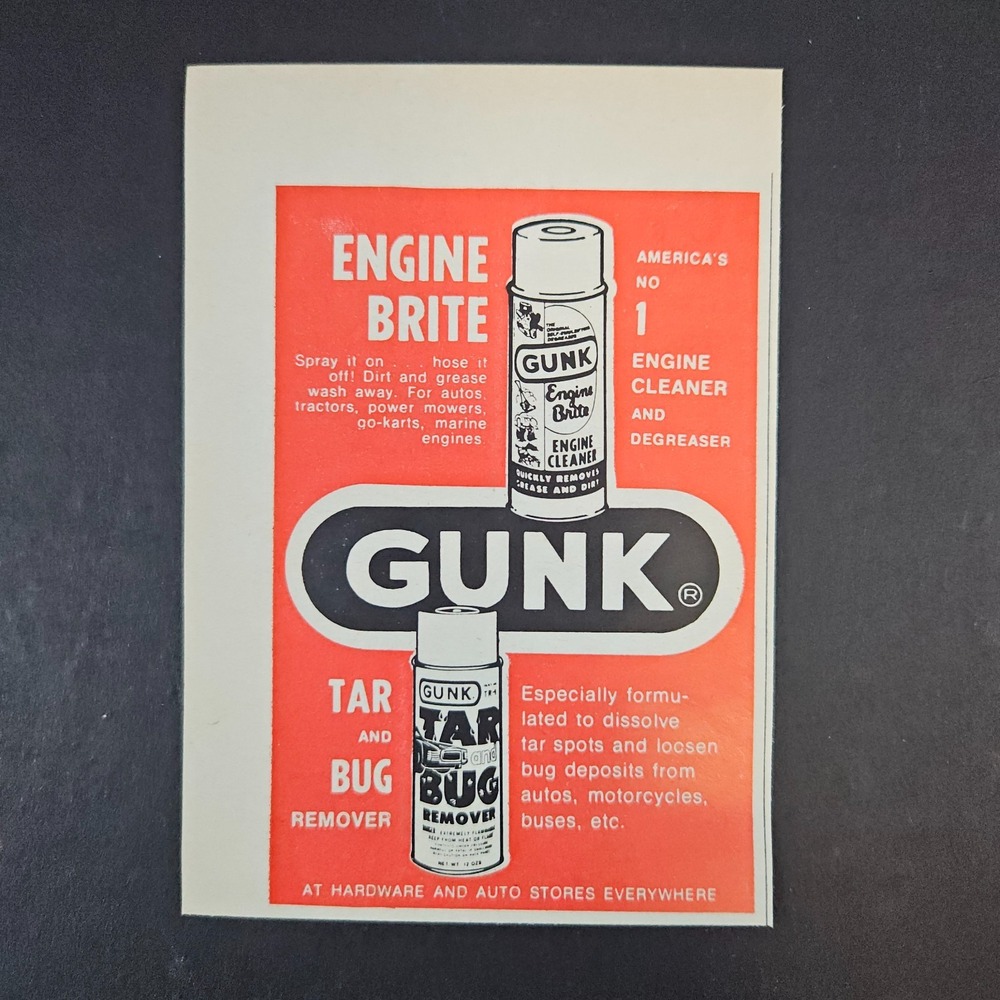 1974 Gunk Engine Bright Tar & Bug Remover Vintage Print Ad‎ Cleaner Degreaser